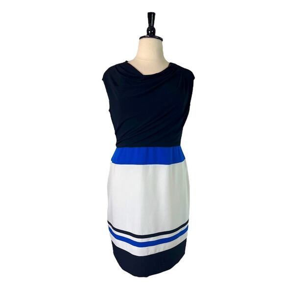 Studio One Sheath Dress Drape Neck Sleeveless Black Blue Color Block Women’s 18 - Picture 1 of 10